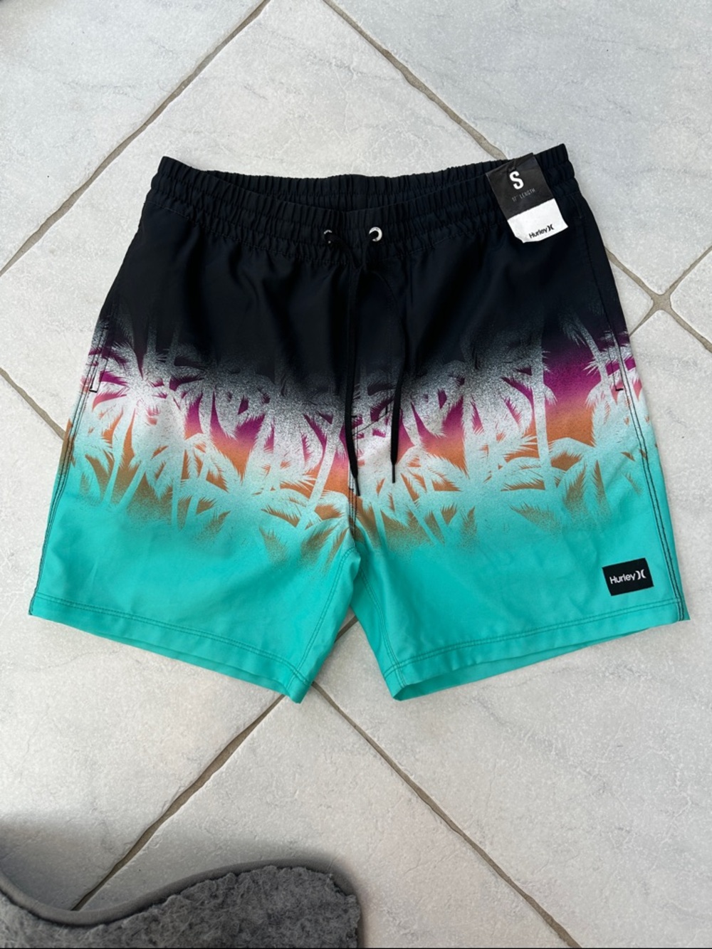 Hurley Men’s Black, Teal and Purple Palm-Print Swim Shorts